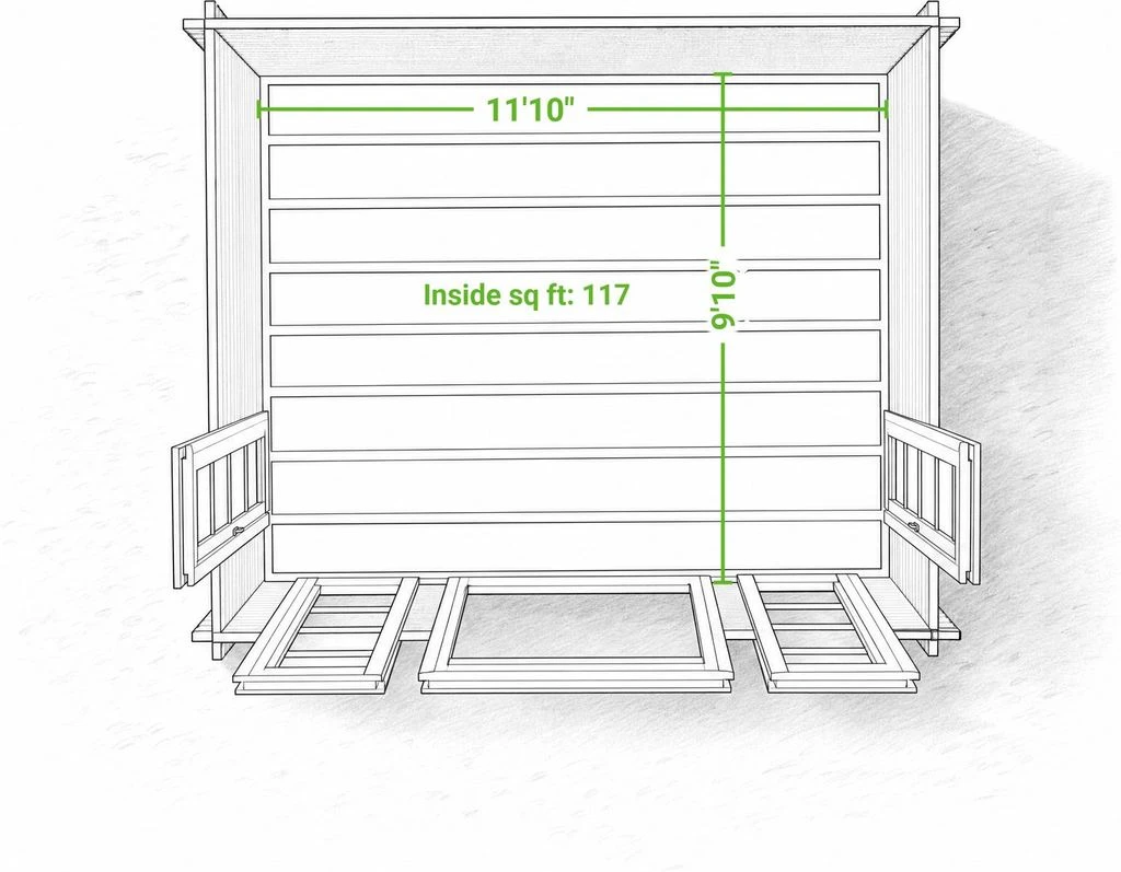 California 13 x 11 modern shed | 117 sq ft — footprint drawing seen from above with the roof removed, giving the inside floor dimensions with the doors swung open.