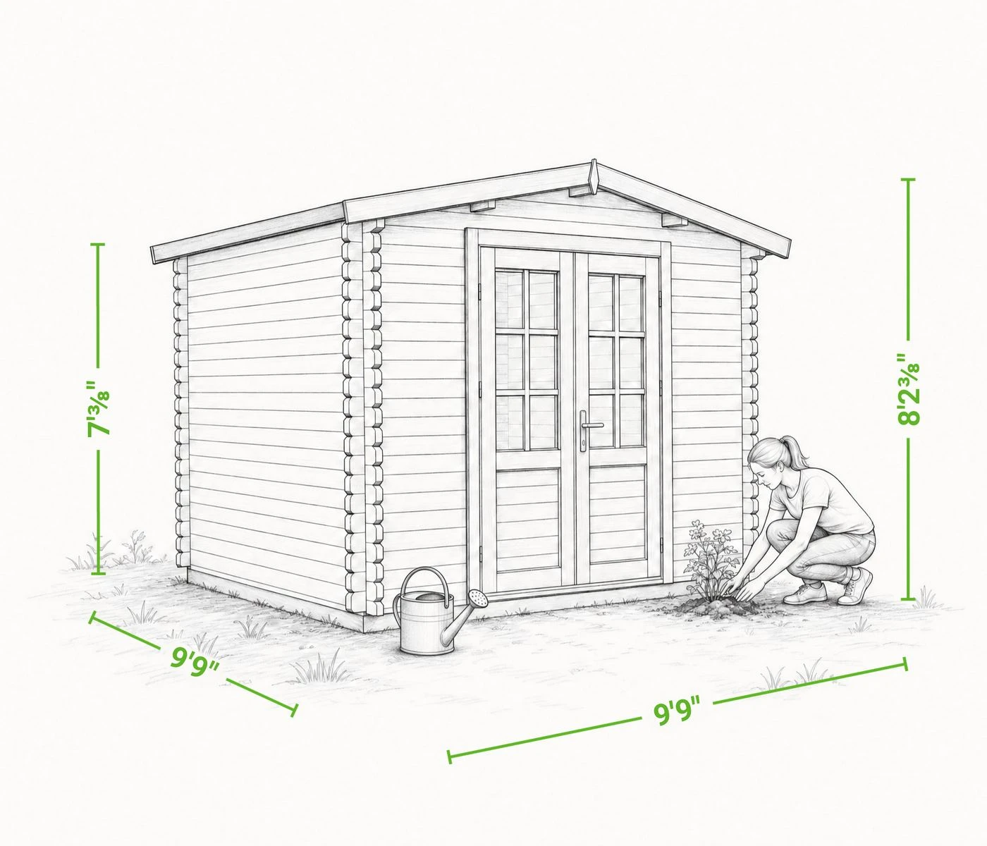 Gardener 10 x 10 storage shed | 81 sq ft — dimensioned drawing of the front and side, showing overall width, depth, wall height and height to the peak, with a person shown beside it for scale.