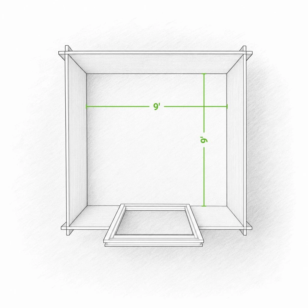 Gardener 10 x 10 storage shed | 81 sq ft — footprint drawing seen from above with the roof removed, giving the inside floor dimensions with the doors swung open.