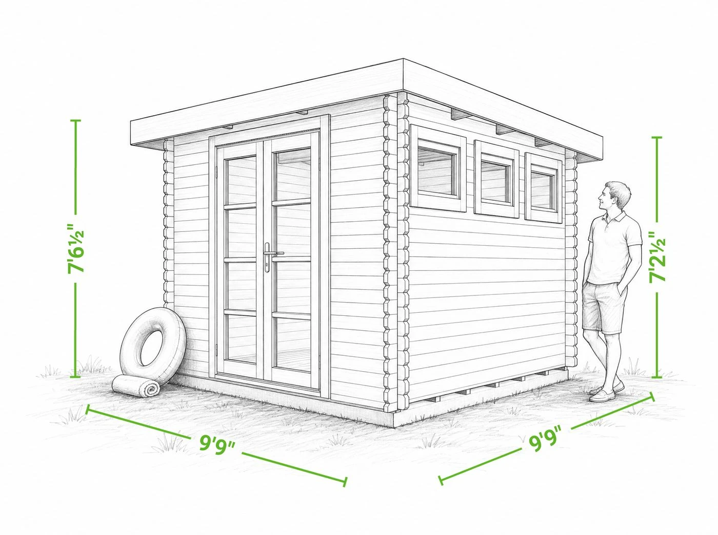 Moderna 10 x 10 modern shed kit | 80 sq ft — dimensioned drawing of the front and side, showing overall width, depth, wall height and height to the peak, with a person shown beside it for scale.