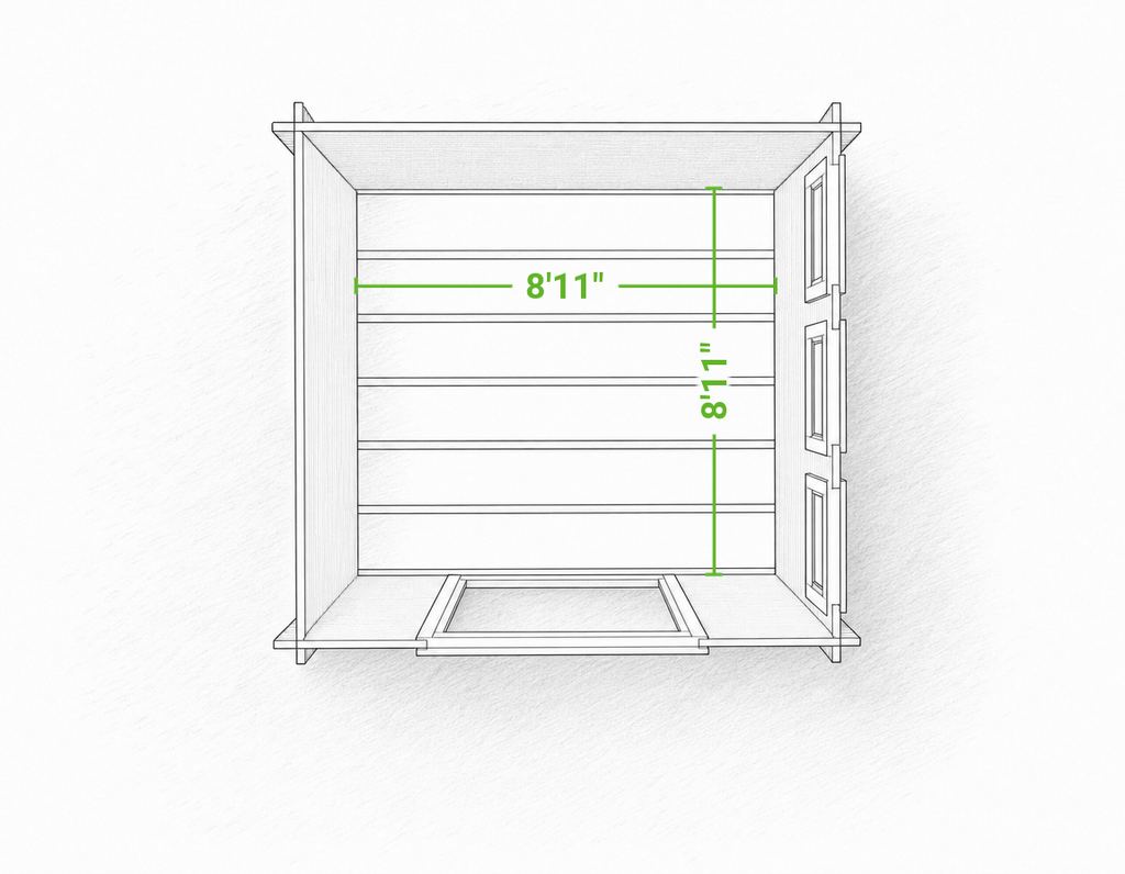 Moderna 10 x 10 modern shed kit | 80 sq ft — footprint drawing seen from above with the roof removed, giving the inside floor dimensions with the doors swung open.