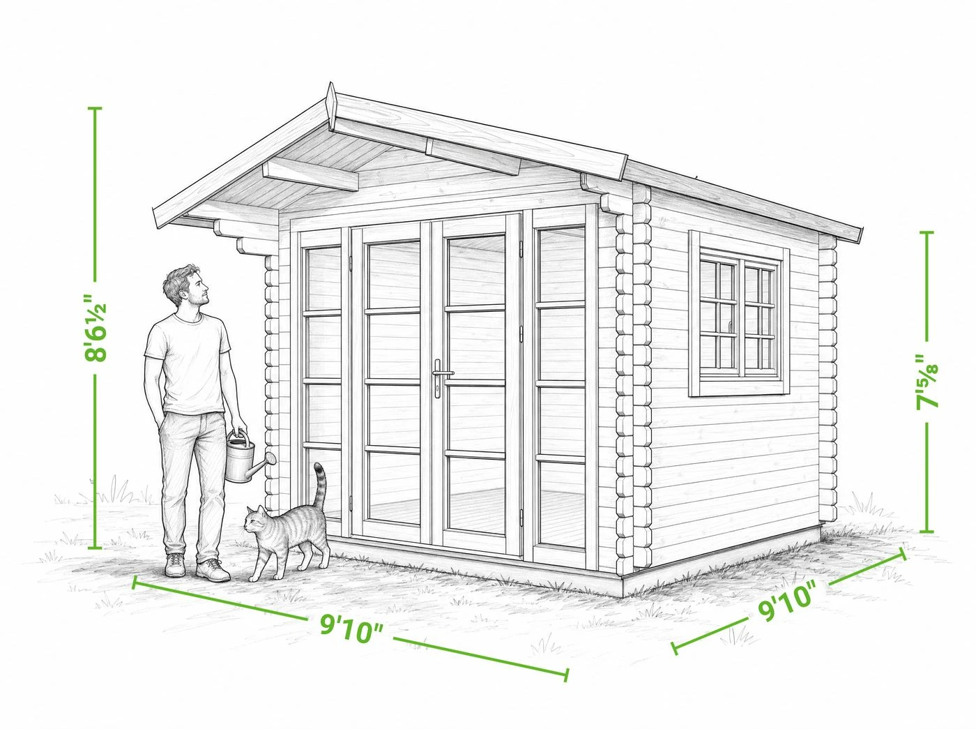 Myrtle 10 x 10 garden shed | 80 sq ft — dimensioned drawing of the front and side, showing overall width, depth, wall height and height to the peak, with a person shown beside it for scale.