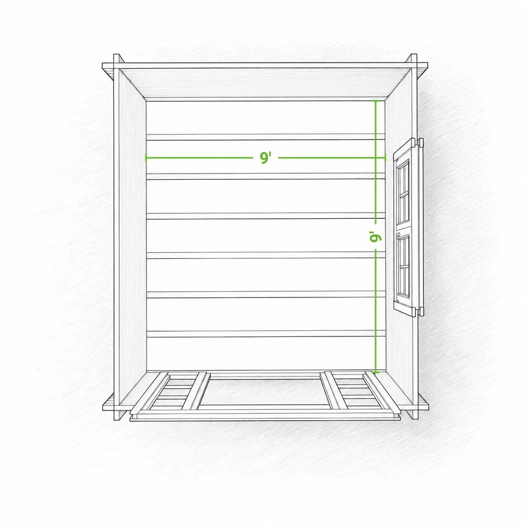 Myrtle 10 x 10 garden shed | 80 sq ft — footprint drawing seen from above with the roof removed, giving the inside floor dimensions with the doors swung open.