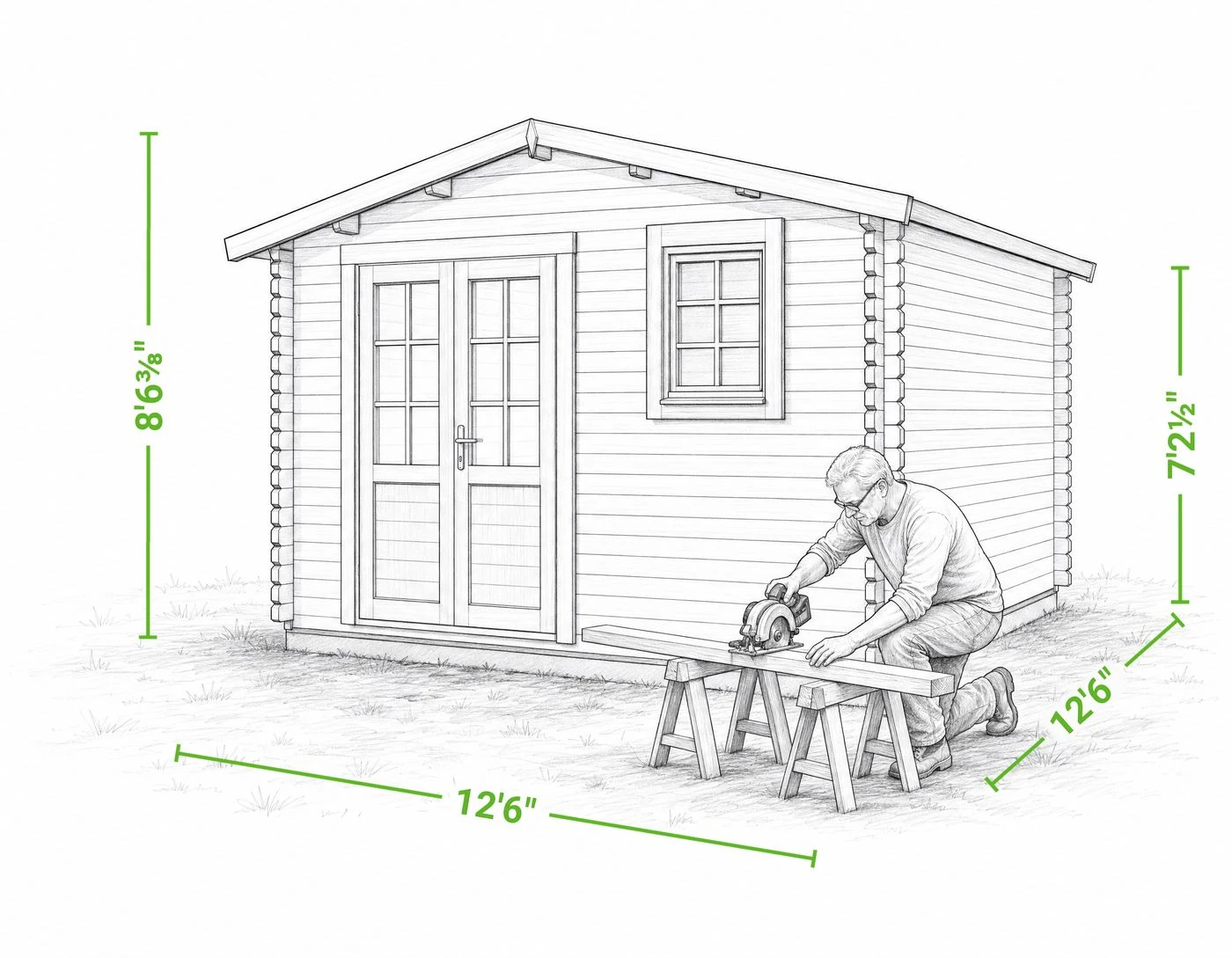 Optima 12 x 12 storage shed | 136 sq ft — dimensioned drawing of the front and side, showing overall width, depth, wall height and height to the peak, with a person shown beside it for scale.