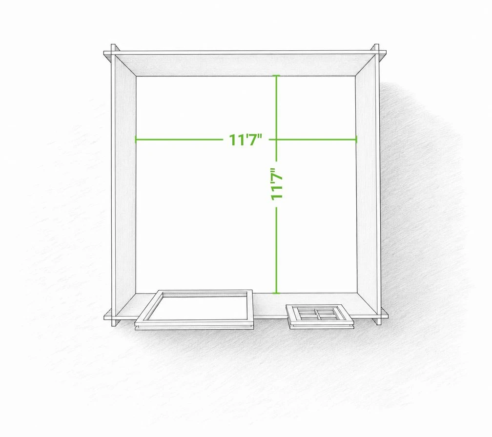 Optima 12 x 12 storage shed | 136 sq ft — footprint drawing seen from above with the roof removed, giving the inside floor dimensions with the doors swung open.