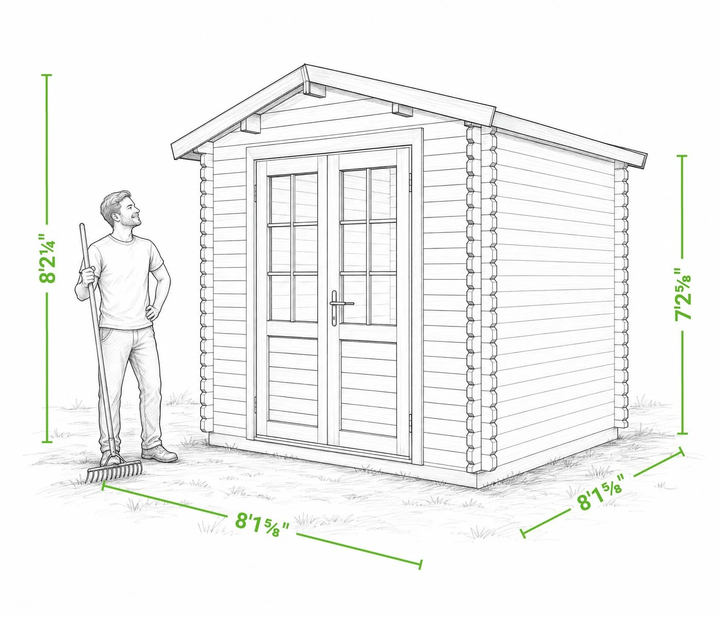 Shiba 8 x 8 storage shed | 54 sq ft — dimensioned drawing of the front and side, showing overall width, depth, wall height and height to the peak, with a person shown beside it for scale.