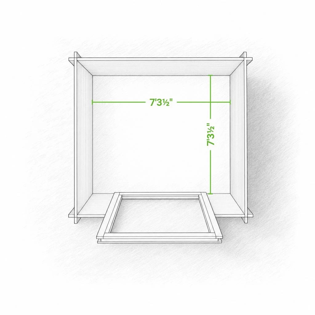 Shiba 8 x 8 storage shed | 54 sq ft — footprint drawing seen from above with the roof removed, giving the inside floor dimensions with the doors swung open.