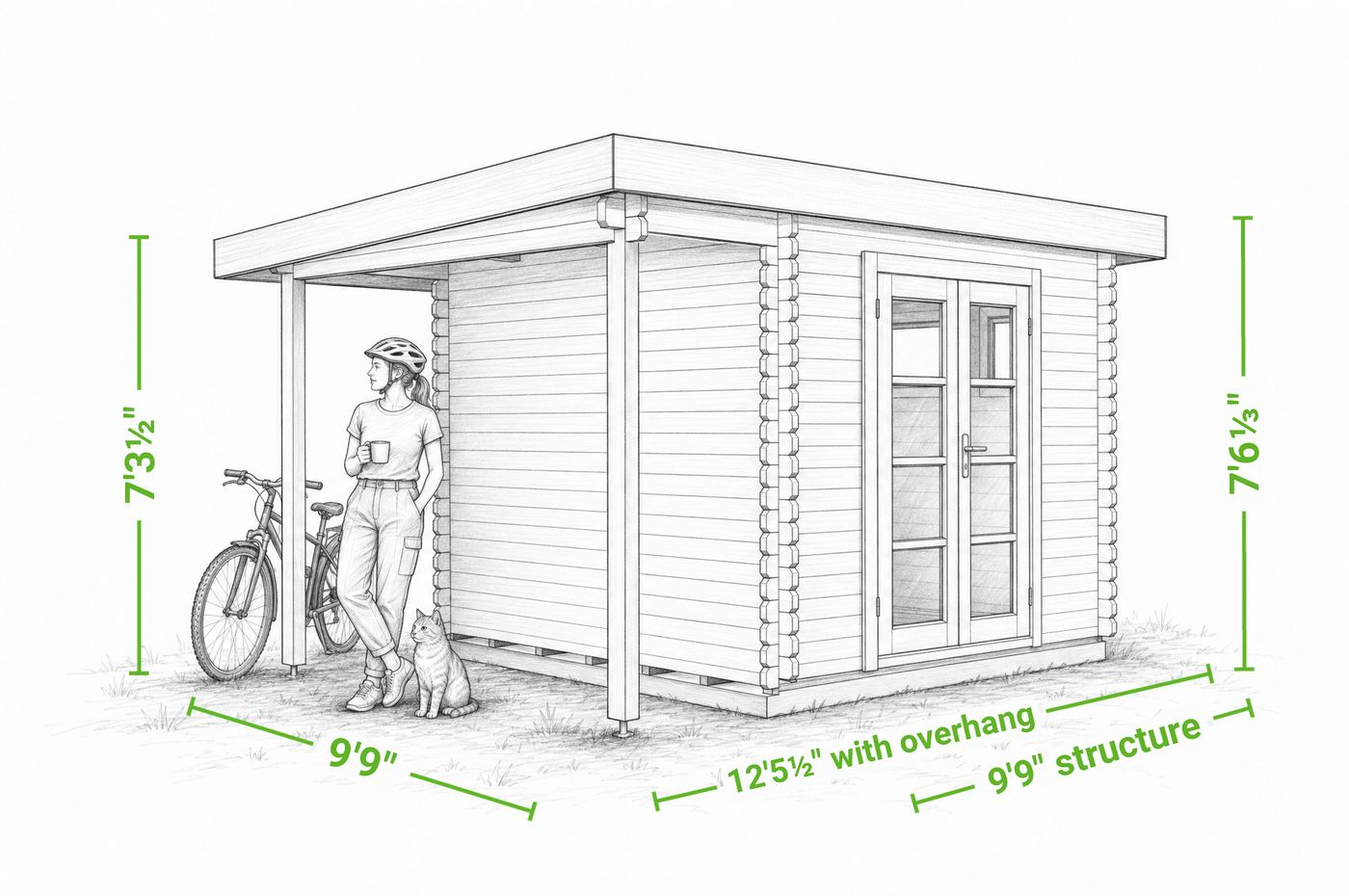 Solana 13 x 10 modern shed | 80 sq ft + 40 sq ft — dimensioned drawing of the front and side, showing overall width, depth, wall height and height to the peak, with a person shown beside it for scale.