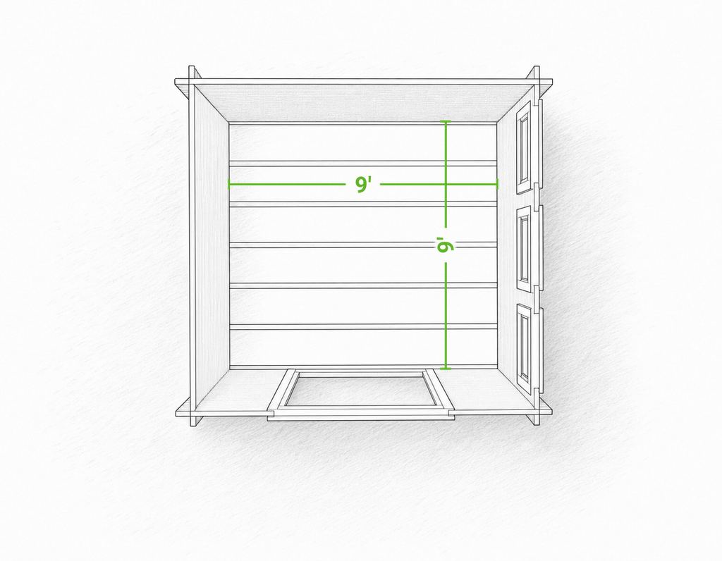Solana 13 x 10 modern shed | 80 sq ft + 40 sq ft — footprint drawing seen from above with the roof removed, giving the inside floor dimensions with the doors swung open.