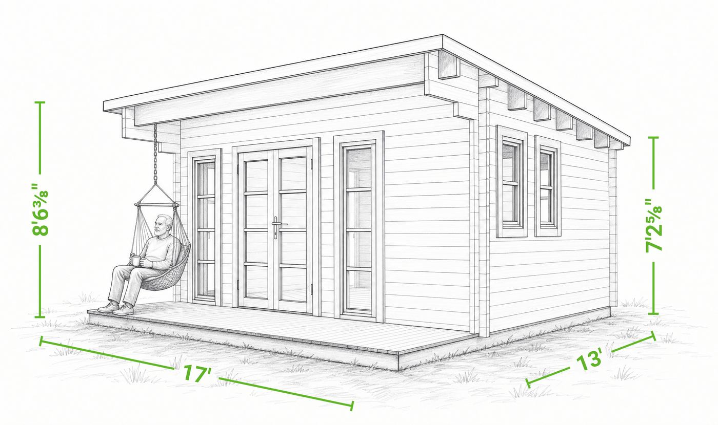 Washington 17 x 13 modern shed | 200 sq ft — dimensioned drawing of the front and side, showing overall width, depth, wall height and height to the peak, with a person shown beside it for scale.