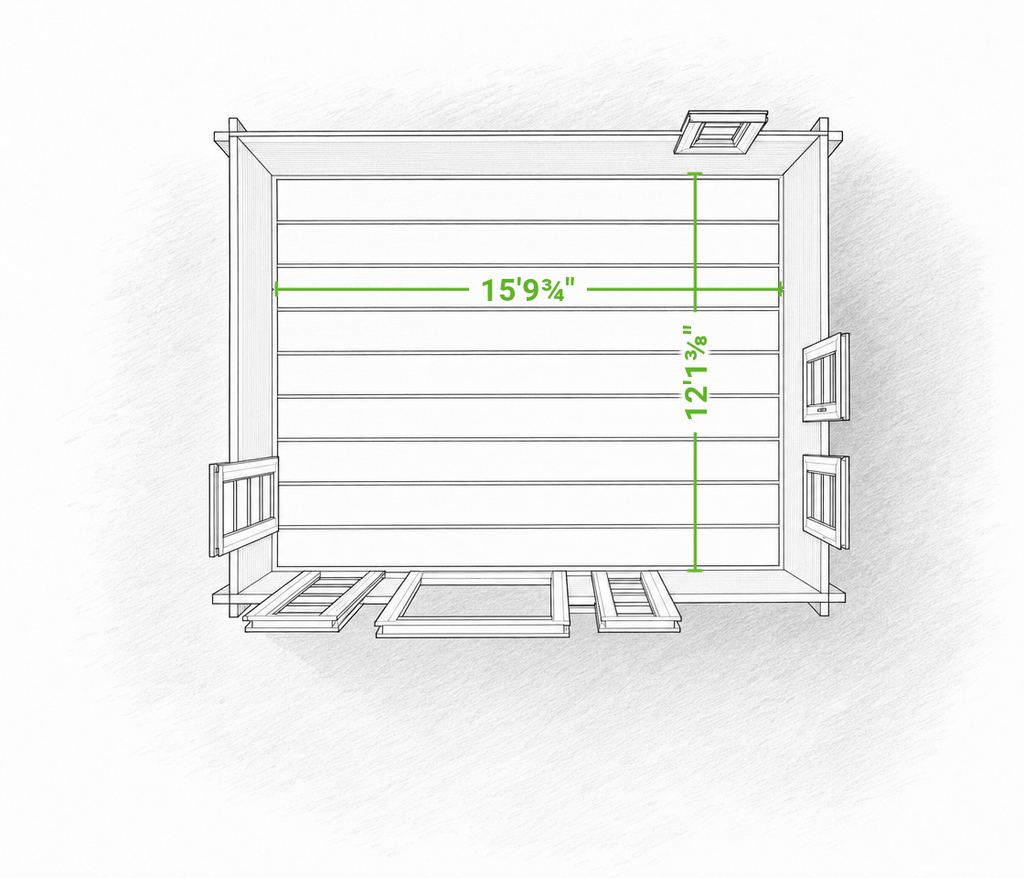 Washington 17 x 13 modern shed | 200 sq ft — footprint drawing seen from above with the roof removed, giving the inside floor dimensions with the doors swung open.