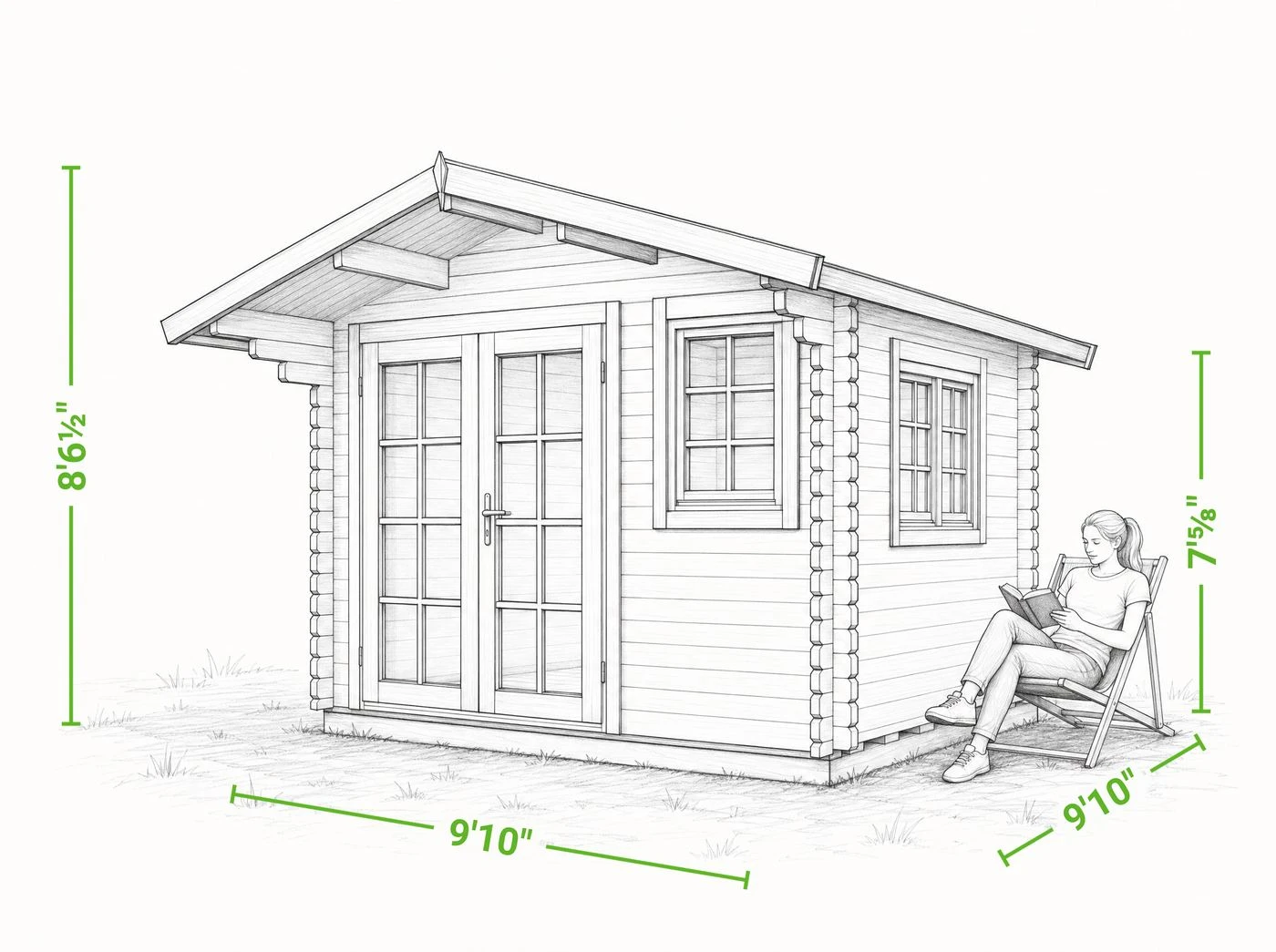 Whales 10 x 10 garden shed | 80 sq ft — dimensioned drawing of the front and side, showing overall width, depth, wall height and height to the peak, with a person shown beside it for scale.