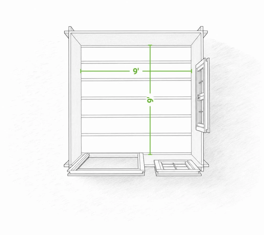 Whales 10 x 10 garden shed | 80 sq ft — footprint drawing seen from above with the roof removed, giving the inside floor dimensions with the doors swung open.