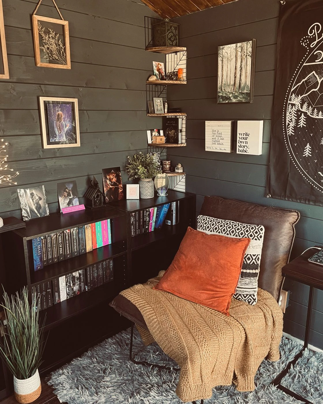 Cozy she shed reading nook with shiplap walls and bookshelves