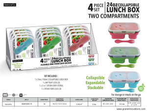 4 PCS SET - 24OZ COLLAPSIBLE TWO COMPARTMENT LUNCH BOX- BLUE, GREEN, PINK
