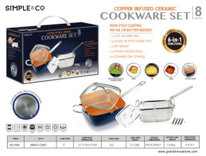 8 PCS - COPPER COOKWARE SET (FRY,BAKE,SAUTE,GRILL & ROAST) - NAVY BLUE