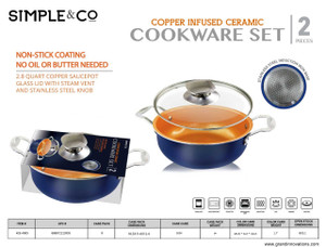 2 PCS SET - 2.8 QUART COPPER SAUCEPOT WITH GLASS LID - NAVY BLUE