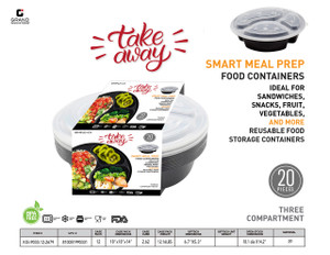 20 PCS SET SMART MEAL PREP, ROUND BOWL, 3 COMPARTMENTS - 1250 ML