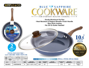 2 PCS SET-10.5'' BLUE SAPPHIRE FRY PAN W/LID WITH WOODEN FINISH HANDLE