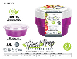 20 PCS SET ROUND BOWL 4 CUPS - 900 ML PURPLE BOTTOM WITH CLEAR LID