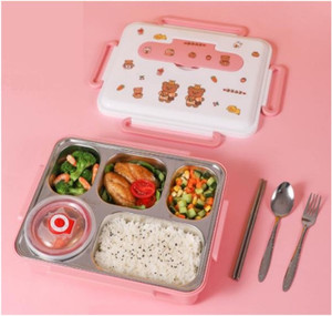 7 PCS SET : 5 COMPARTMENTS - STAINLESS STEEL BOX WITH SPOON, CHOPSTICKS & STICKER LABEL 1500 ML + 250 ML BOWL
