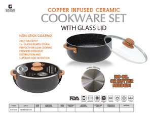 2.8QT NON STICK MARBLE COATING SAUCEPOT W/ GLASS LID, BAKELITE HANDLE W/ WOODEN SILICONE, NONSTICK MARBLE COATING, SPIRAL INDUCTION