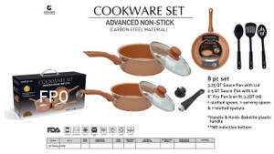 8 PC CS 4.7QT SAUCE POT WITH LID, 2.8 QT SAUCE PAN W/ LID, 1.4 QT SAUCE PAN W/ LID, 9.5" FRY PAN (NO LID) (NO INDUCTION)