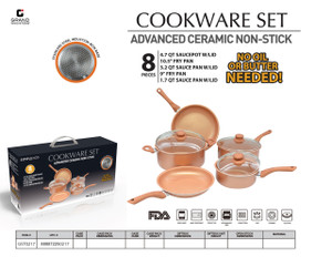 8 PC SET - 3.2 QT. SAUCEPAN W/ GLASS LID, 1.7 QT. SAUCEPAN W/ GLASS LID, 9" FRY PAN W/O LID, 4.7 QT. SAUCE POT W/ GLASS LID,10.5" FRY PAN W/O LID