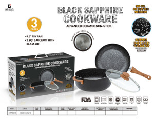 2 PC SET 2.8QT NON STICK MARBLE COATING SAUCEPOT W/ GLASS LID, 9.5" FRY PAN W/OUT LID - BAKELITE HANDLE W/ WOODEN SILICONE, INDUCTION