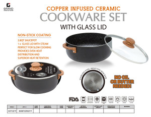 2.8QT NON STICK MARBLE COATING SAUCEPOT W/ GLASS LID, BAKELITE HANDLE W/ WOODEN SILICONE, NONSTICK MARBLE COATING, INDUCTION