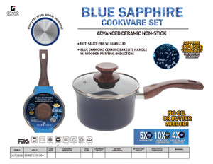 3QT. SAUCE PAN W/ GLASS LID - BLUE DIAMOND CERAMIC BAKELITE HANDLE W/ WOODEN PAINTING (SPIRAL)
