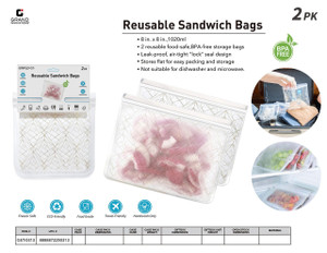2PK REUSABLE SANDWICH BAGS 8IN X 8IN 1020ML