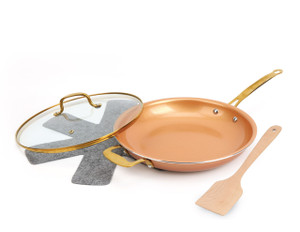 12'' COPPER FRY PAN W/LID FLAT GOLD HANDLE