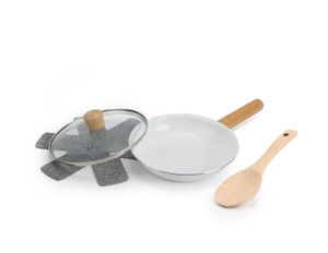 8'' FRY PAN W/LID WOOD HANDLE WHITE CERAMIC