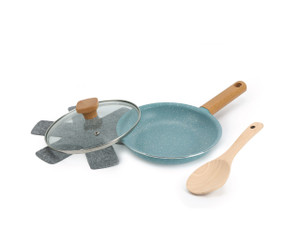 8'' FRY PAN W/LID WOOD HANDLE TURQUOISE NONSTICK