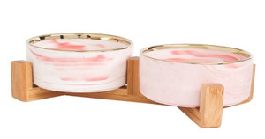 2 - 400 ML MARBLE PRINTED CERAMIC BOWLS WITH WOODEN STAND