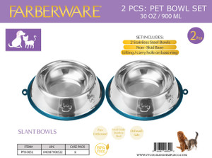 SILVER STAINLESS STEEL SLANT BOWLS - 2PC SET 2 BOWLS SILICONE NON SLIP WITH CARRY HOLE 900 ML / 30 OZ