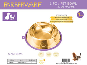 GOLD STAINLESS STEEL SLANT BOWL - PAW PRINT WITH SILICONE NON-SLIP WITH CARRY HOLE (1PC) 900 ML / 30 OZ