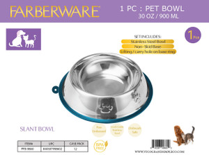 SILVER STAINLESS STEEL SLANT BOWL - PAW PRINT WITH SILICONE NON-SLIP WITH CARRY HOLE (1PC) 900 ML / 30 OZ