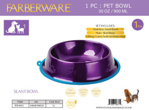 PURPLE STAINLESS STEEL SLANT BOWL - PAW PRINT WITH SILICONE NON-SLIP WITH CARRY HOLE (1PC) 900 ML / 30 OZ