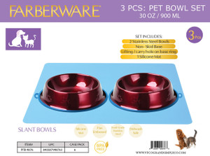 RED STAINLESS STEEL SLANT BOWL - 3PC SET 2 BOWLS 1 MAT WITH NON SLIP SILICONE WITH CARRY HOLE  900 ML / 30 OZ