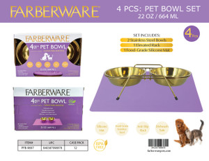 4 PCS SET - 2 STAINLESS STEEL BOWLS, 1 RACK & SILICONE MAT (GOLD WITH PURPLE MAT) 664 ML / 22 OZ