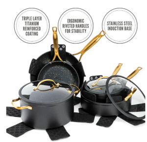12 PCS NONSTICK COOKWARE SET : 8" FRY PAN, 10" FRY PAN, 2.5 QT SAUCE PAN, 3.5 QT SAUCE PAN, 6 QT DUTCH OVEN, 3 LIDS & 4 COOKARE PROTECTORS