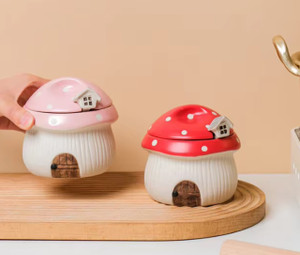 SET OF 2 - 4.5" MUSHROOM HOUSE SPICE JAR WITH SPOONS (12 OZ)