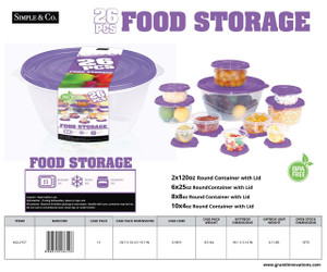 26 PC SET - ROUND FOOD STORAGE WITH LIDS - RED/GREEN/PURPLE/BLUE