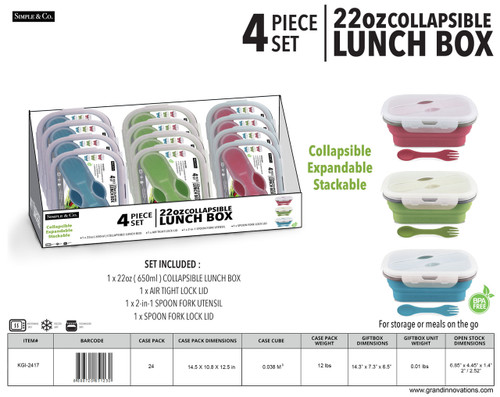 4 PCS SET - 22 OZ COLLAPSIBLE LUNCH BOX - BLUE, GREEN, PINK
