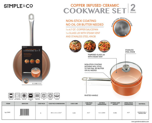 2 PCS SET - 9.5' COPPER SAUCEPAN WITH GLASS LID