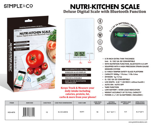 SILK SCREEN WITH BLUETOOTH KITCHEN SCALE 3MM GLASS PLATFORM: SILVER