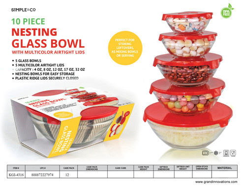 10 PCS GLASS FOOD STORAGE SETS WITH RED LIDS