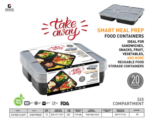 20 PCS RECTANGULAR FOOD CONTAINER 6 COMPARTMENTS - 1000 ML